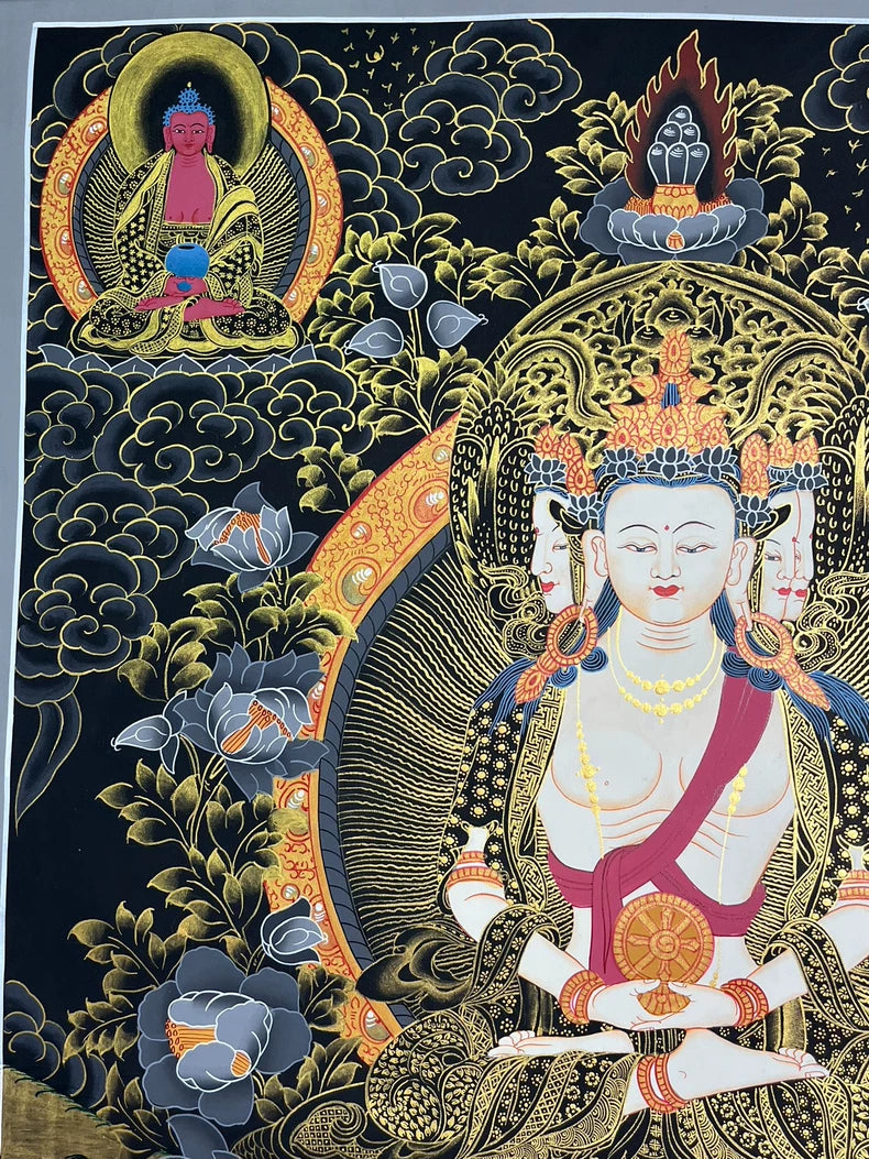 Upper-left figure and central crown — Vairocana Buddha thangka