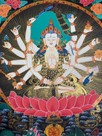 Crown, face and many arms holding ritual objects — Cundi Bodhisattva thangka