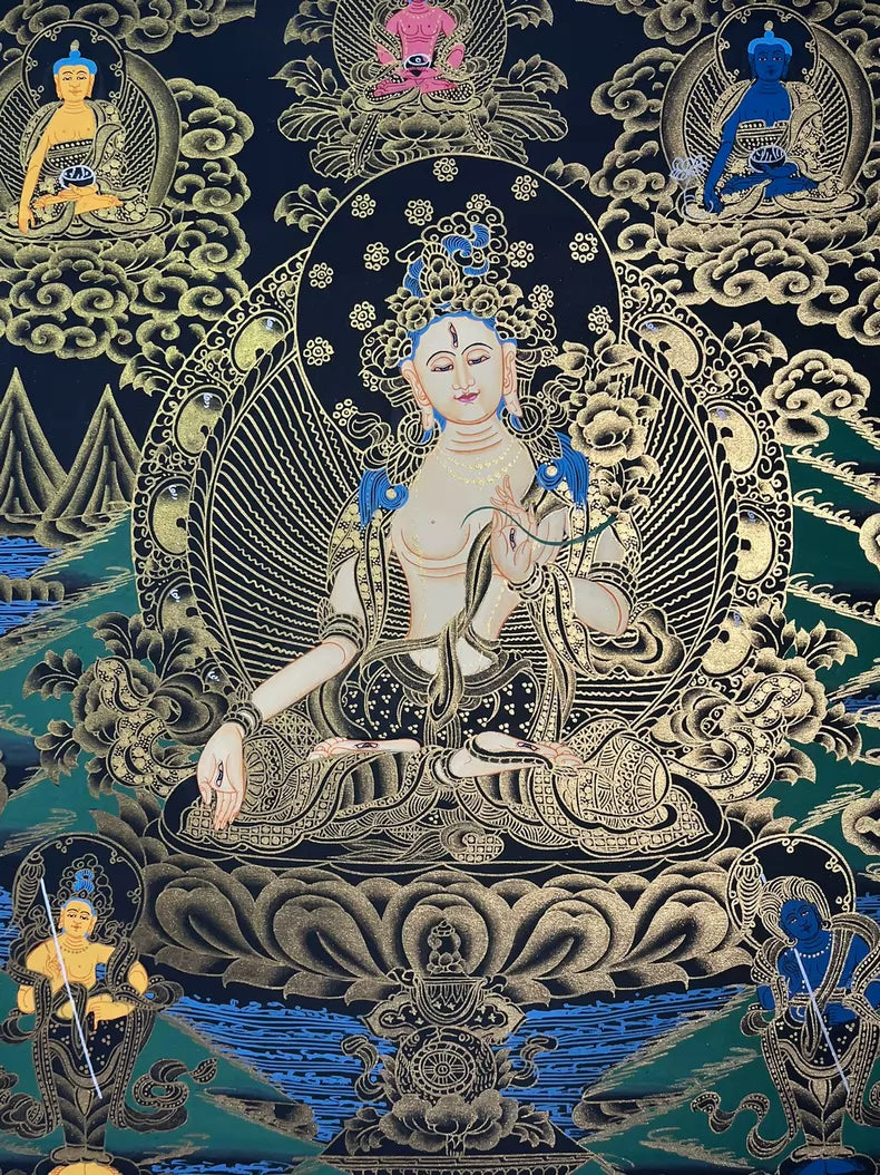 Central seated figure, lotus and landscape — Black-and-gold White Tara thangka