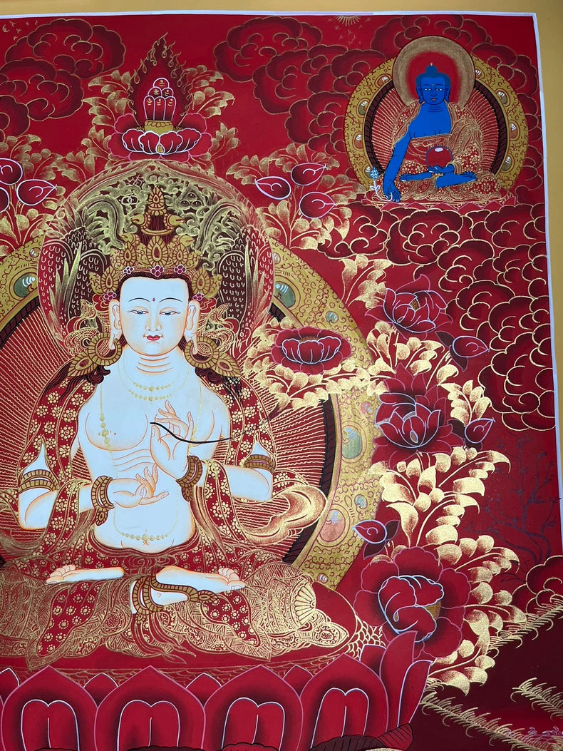 Upper-right figure and central crowned figure — Mahasthamaprapta thangka