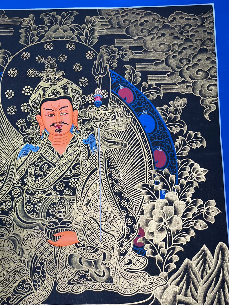 Hand-Painted Guru Rinpoche Thangka — Black & Gold Landscape