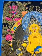 Upper-left figure and floral detail — Large Yellow Jambhala thangka