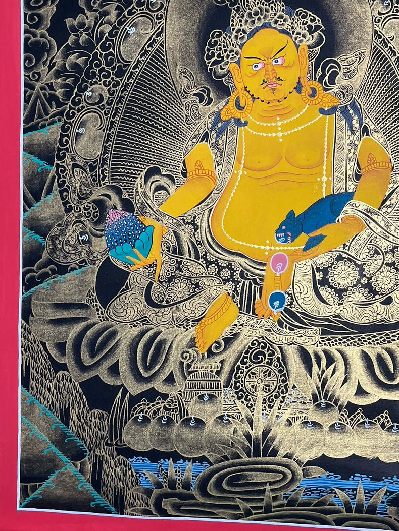 Hand-Painted Yellow Jambhala Thangka — Black & Gold