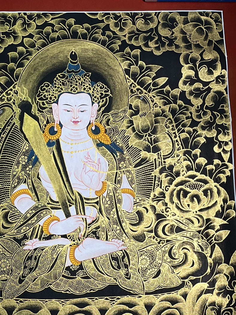 Upper-right flowers and seated figure — Black-and-gold Akashagarbha thangka