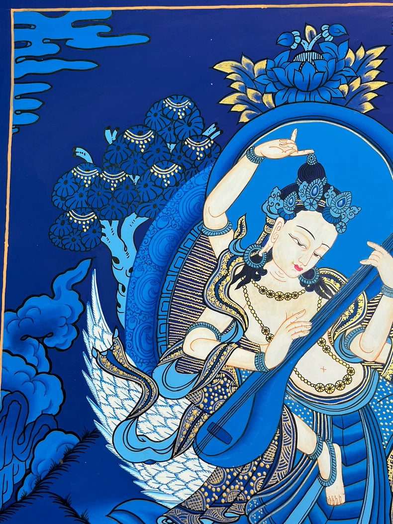 Upper-right halo, flowers and instrument — Blue landscape Saraswati thangka