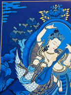 Upper-right halo, flowers and instrument — Blue landscape Saraswati thangka