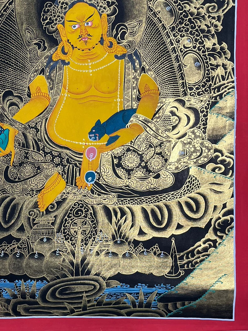 Hand-Painted Yellow Jambhala Thangka — Black & Gold