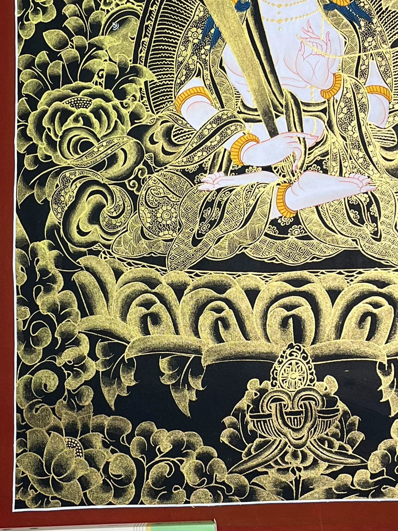 Lower lotus pedestal and decorative motif — Black-and-gold Akashagarbha thangka