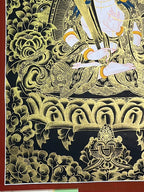 Lower lotus pedestal and decorative motif — Black-and-gold Akashagarbha thangka