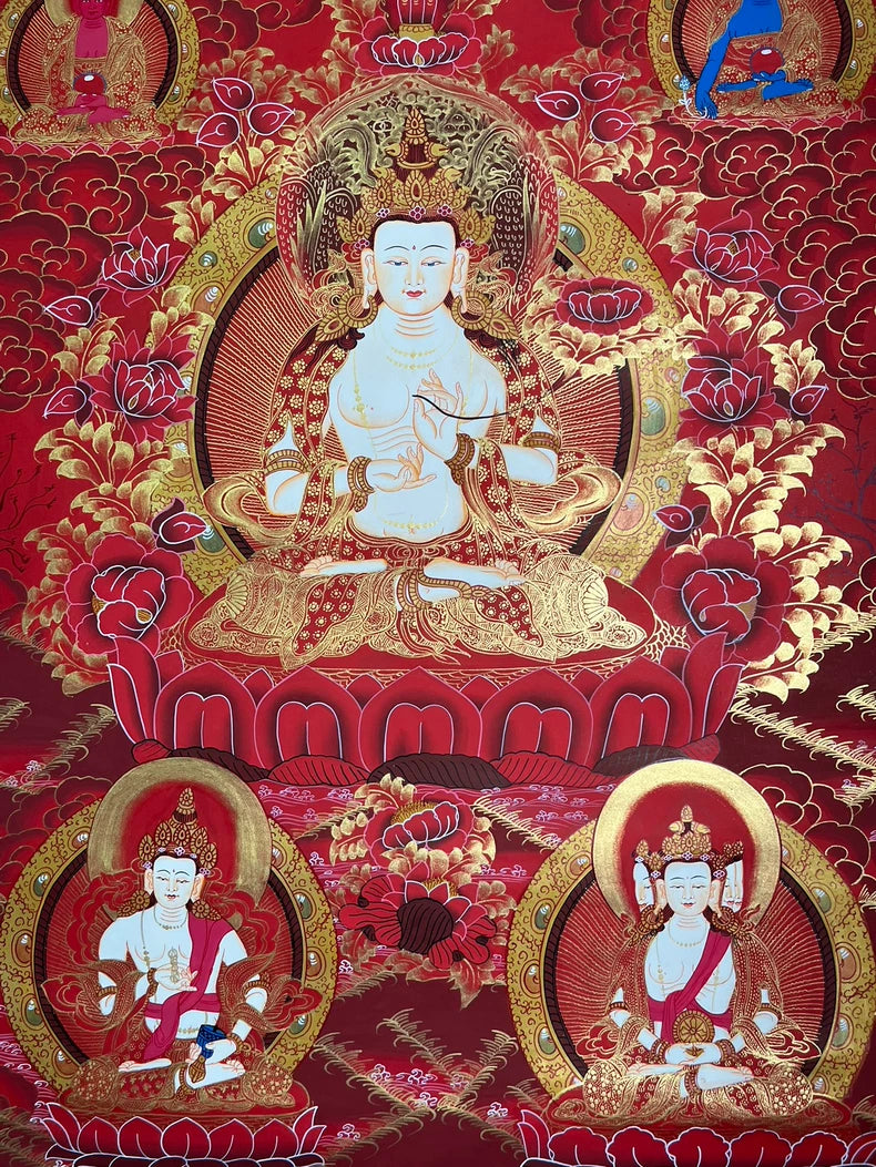 Seated figure, lotus throne and lower attendants — Mahasthamaprapta thangka