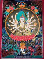 Full composition with many-armed figure and pink lotus — Cundi Bodhisattva thangka