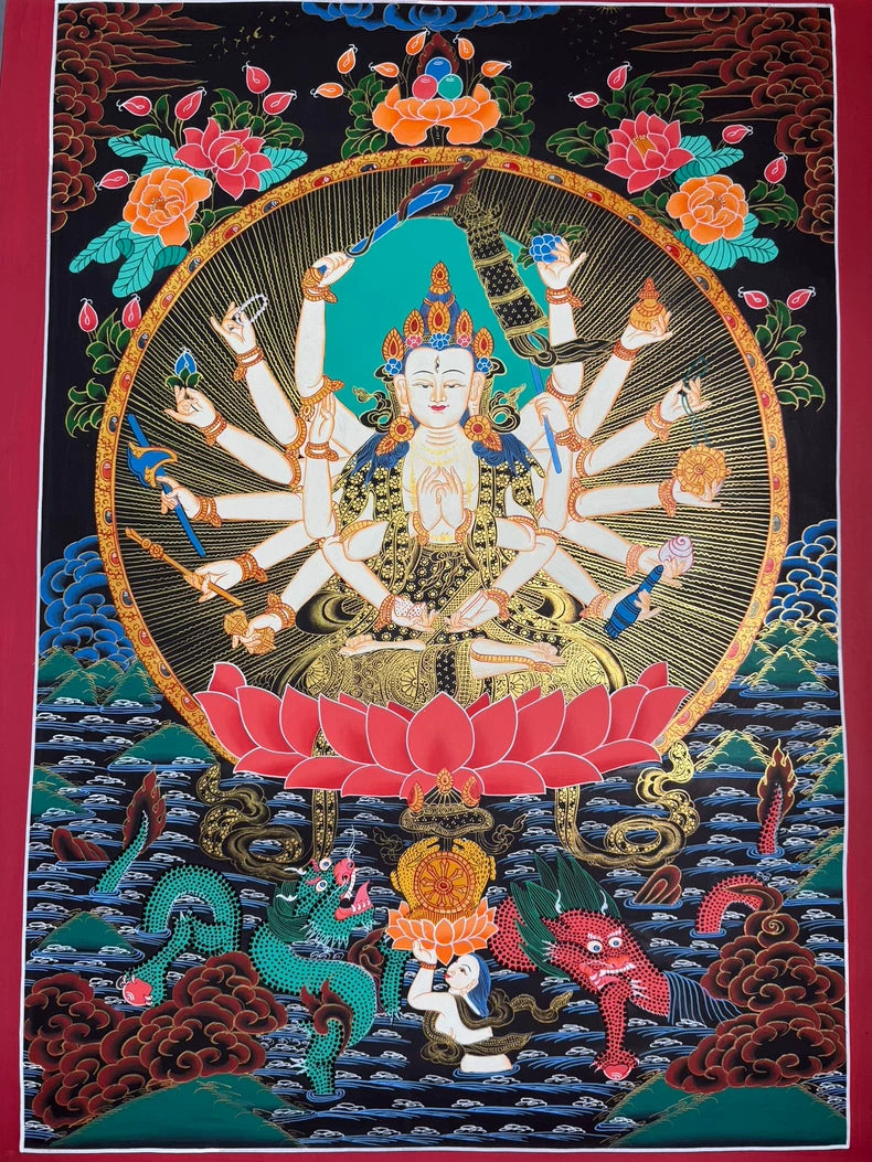 Full composition with many-armed figure and pink lotus — Cundi Bodhisattva thangka