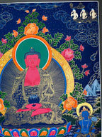Upper-right figures and floral halo — Large Amitabha Buddha thangka