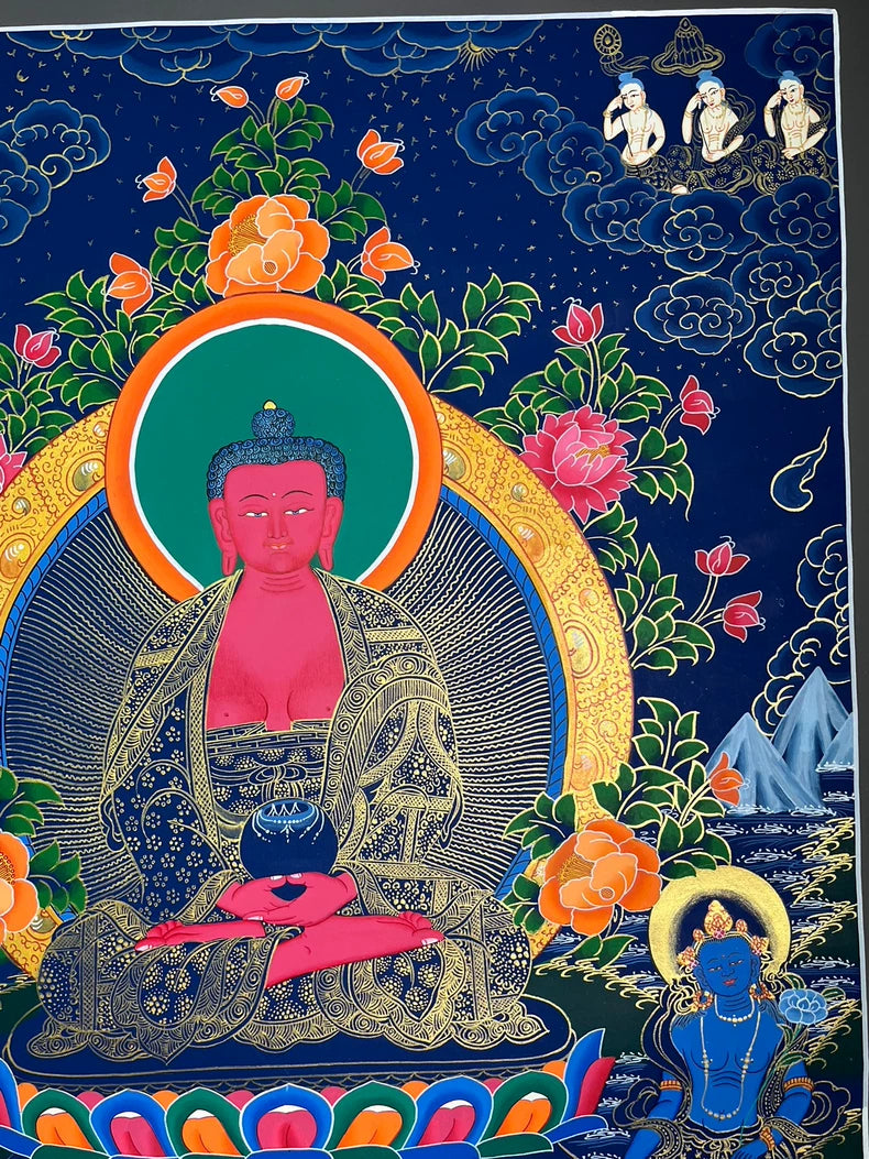 Upper-right figures and floral halo — Large Amitabha Buddha thangka