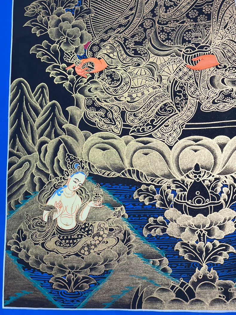 Hand-Painted Guru Rinpoche Thangka — Black & Gold Landscape