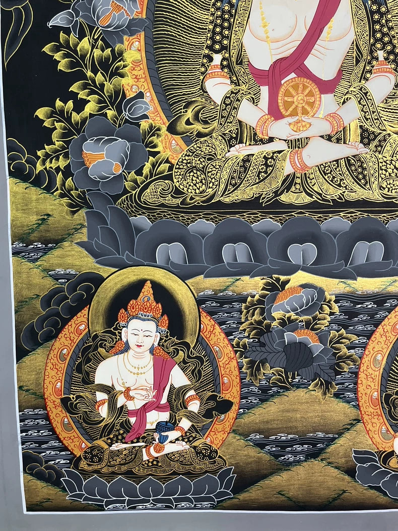 Lower-left figure and floral details — Vairocana Buddha thangka