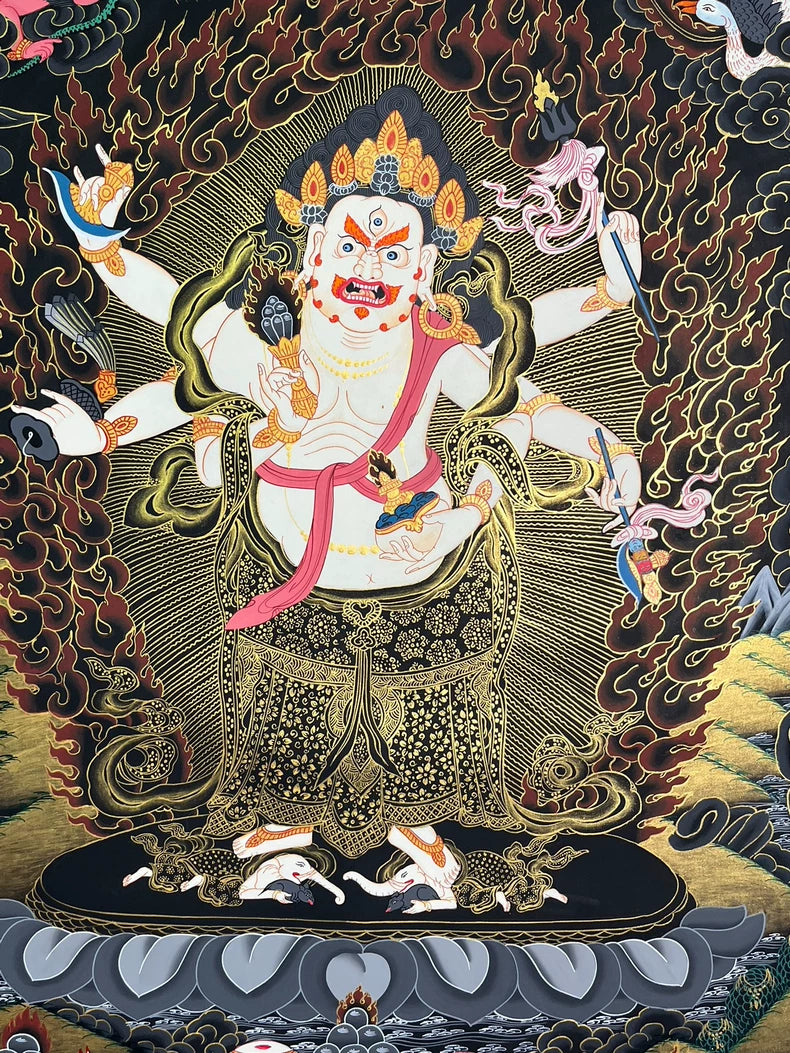 Central figure with six arms and flame halo — White Six-Armed Mahakala thangka