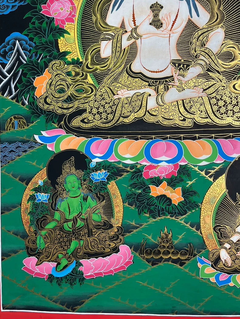 Lower-left figure beneath the lotus — Large green-halo Vajrasattva thangka