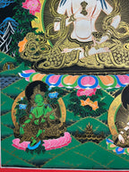 Lower-left figure beneath the lotus — Large green-halo Vajrasattva thangka