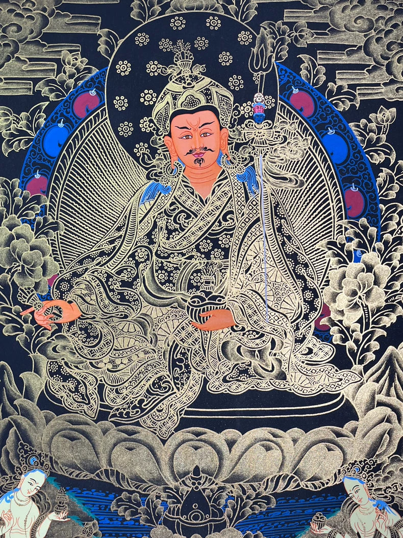 Hand-Painted Guru Rinpoche Thangka — Black & Gold Landscape