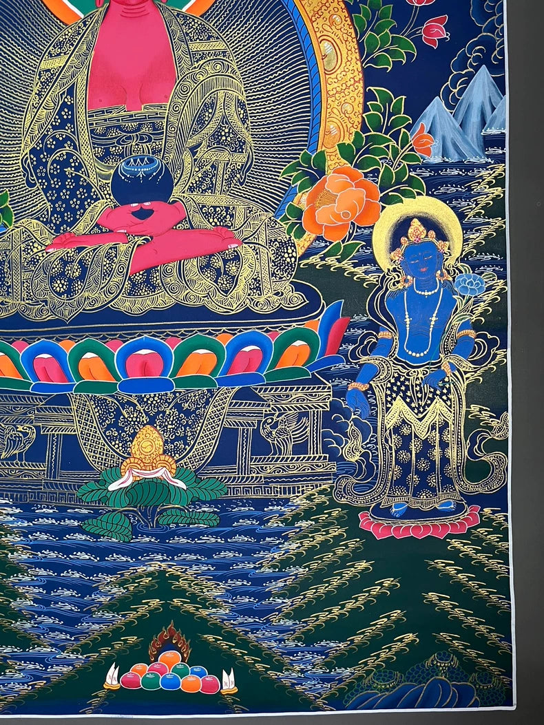 右側脅侍與下方山水 — 大型阿彌陀佛唐卡