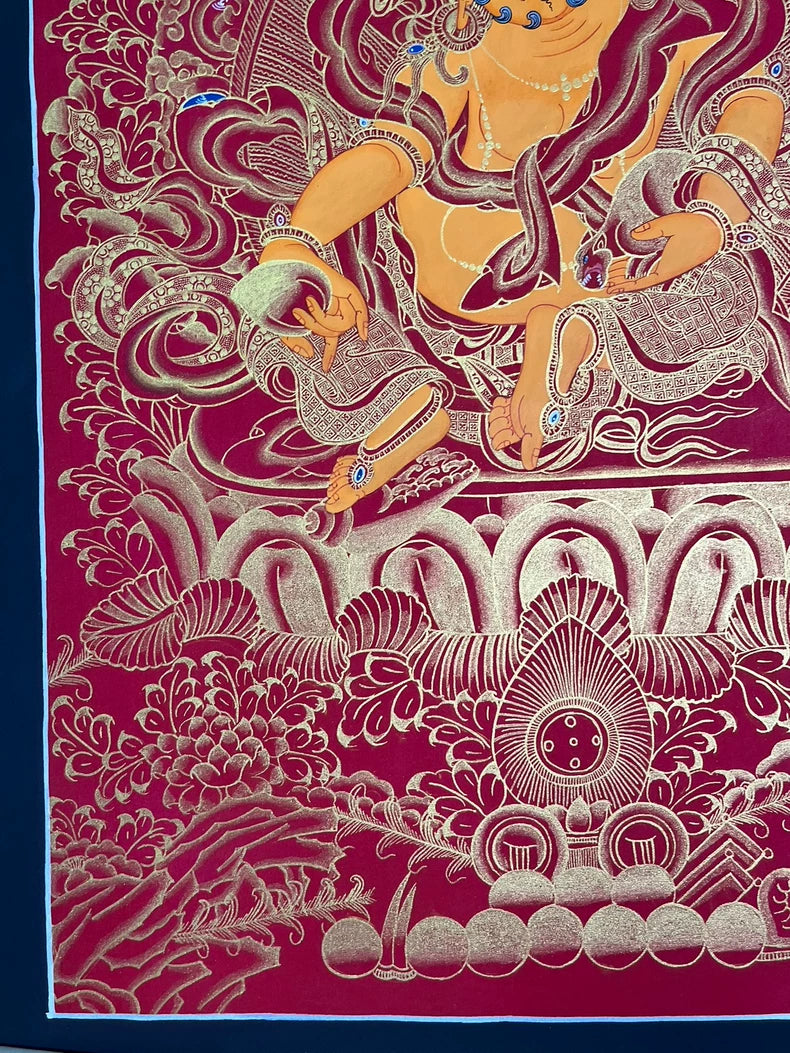Hand-Painted Yellow Jambhala Thangka — Mineral Pigments & Gold