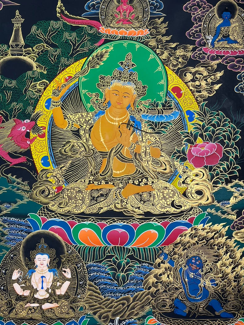 中央主尊、蓮花與周圍諸尊 — 文殊菩薩唐卡