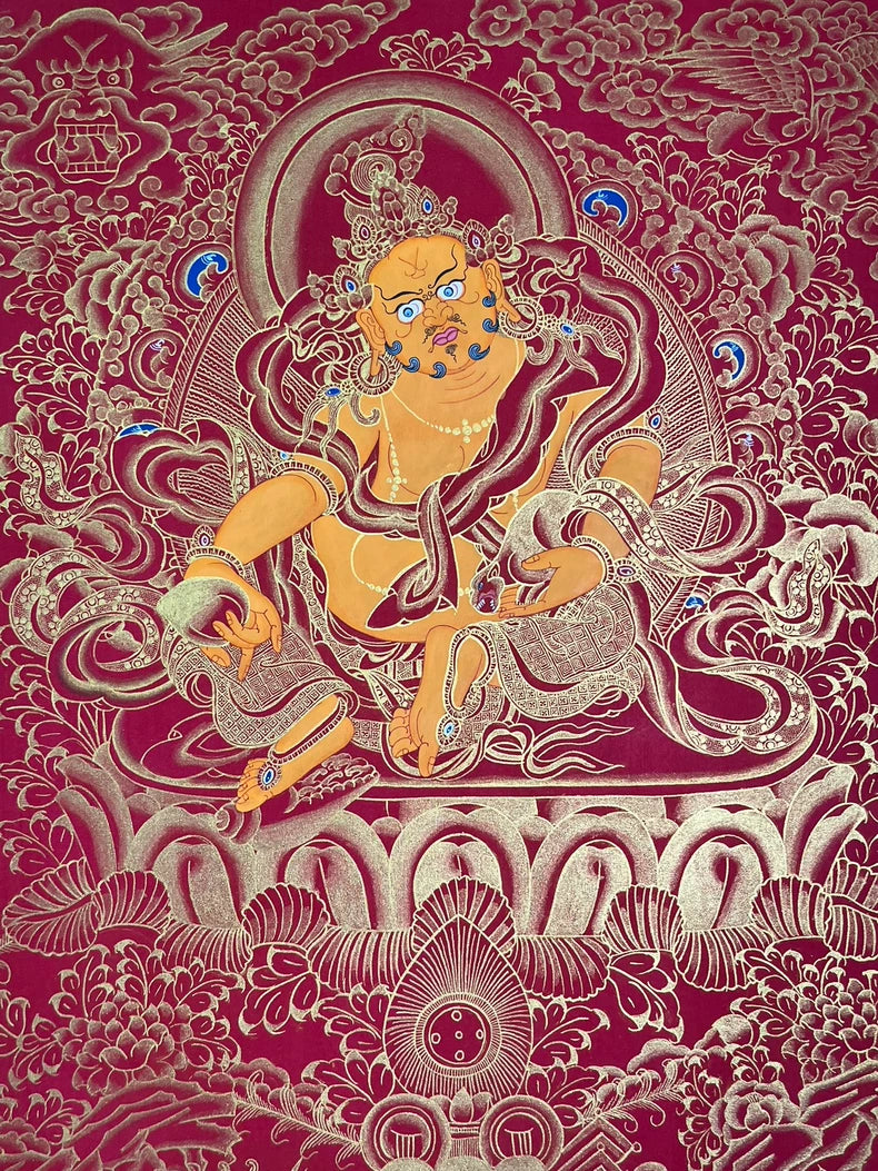 Hand-Painted Yellow Jambhala Thangka — Mineral Pigments & Gold