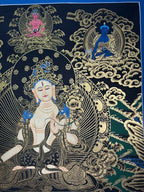 Upper-right figures and clouds — Black-and-gold White Tara thangka