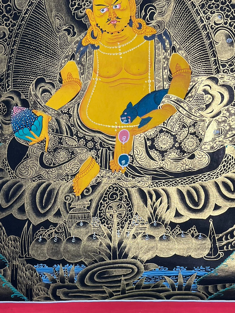 Hand-Painted Yellow Jambhala Thangka — Black & Gold