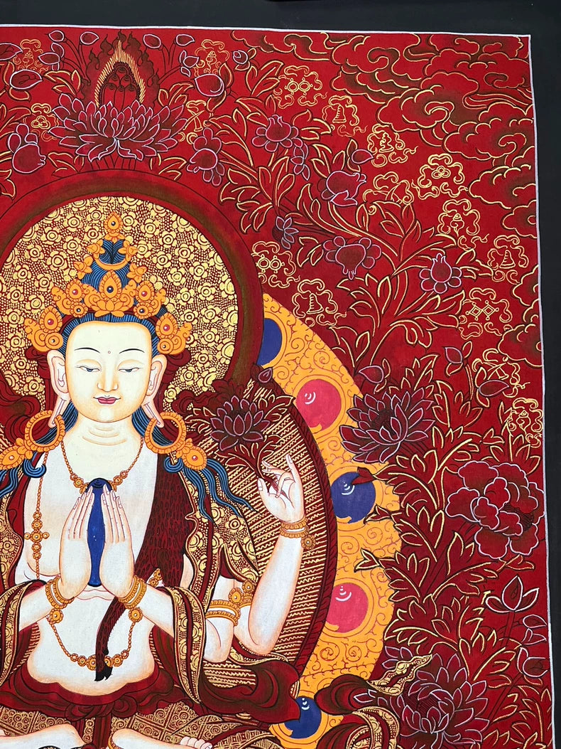 Upper-right floral patterns and halo — Red floral Four-Armed Avalokiteshvara thangka