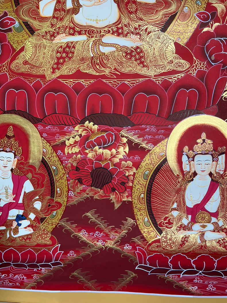 Lower lotus throne and two smaller figures — Mahasthamaprapta thangka