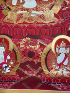 Lower lotus throne and two smaller figures — Mahasthamaprapta thangka