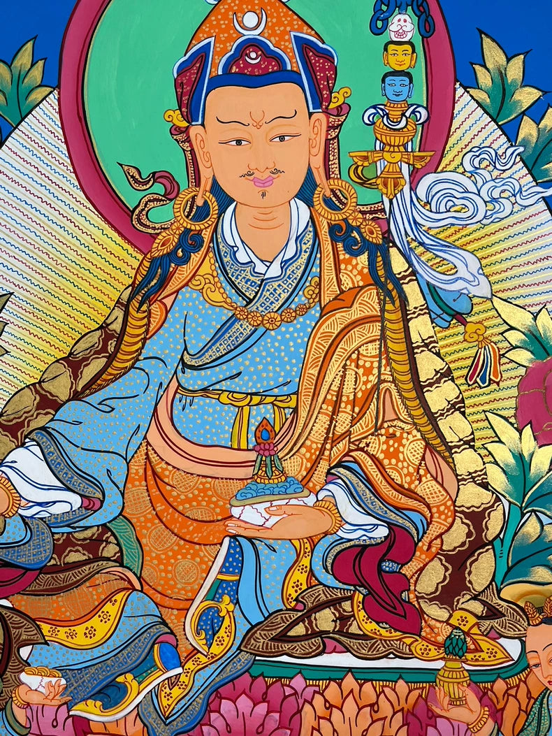 Face, headdress and patterned robes — Colorful Padmasambhava thangka