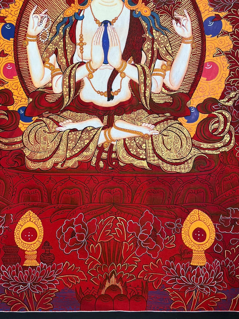 Lower robes and red floral motifs — Red floral Four-Armed Avalokiteshvara thangka