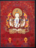 Full red-ground painting with outer border — Red floral Four-Armed Avalokiteshvara thangka