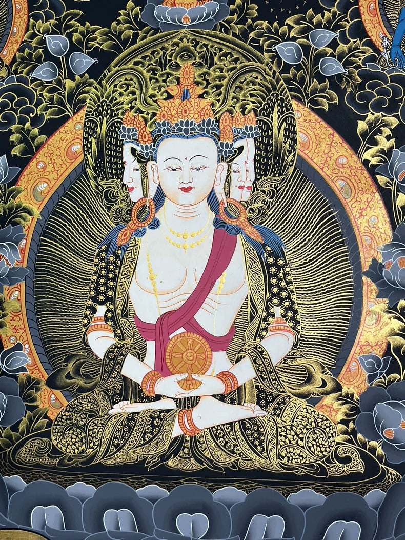 Central crowned figure with gold halo — Vairocana Buddha thangka
