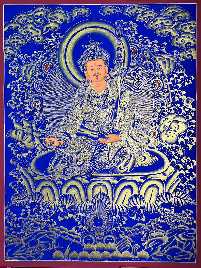 Hand-Painted Guru Rinpoche Thangka — Lapis Blue & Gold