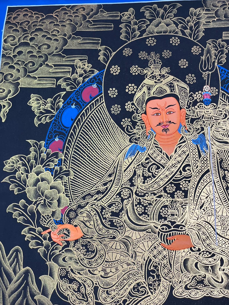 Hand-Painted Guru Rinpoche Thangka — Black & Gold Landscape