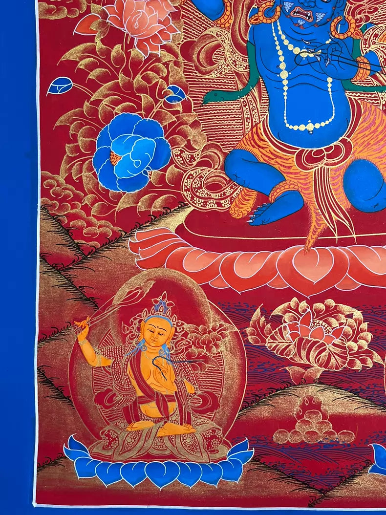 Lower-left figure and lotus pedestal — Red-ground Acala thangka