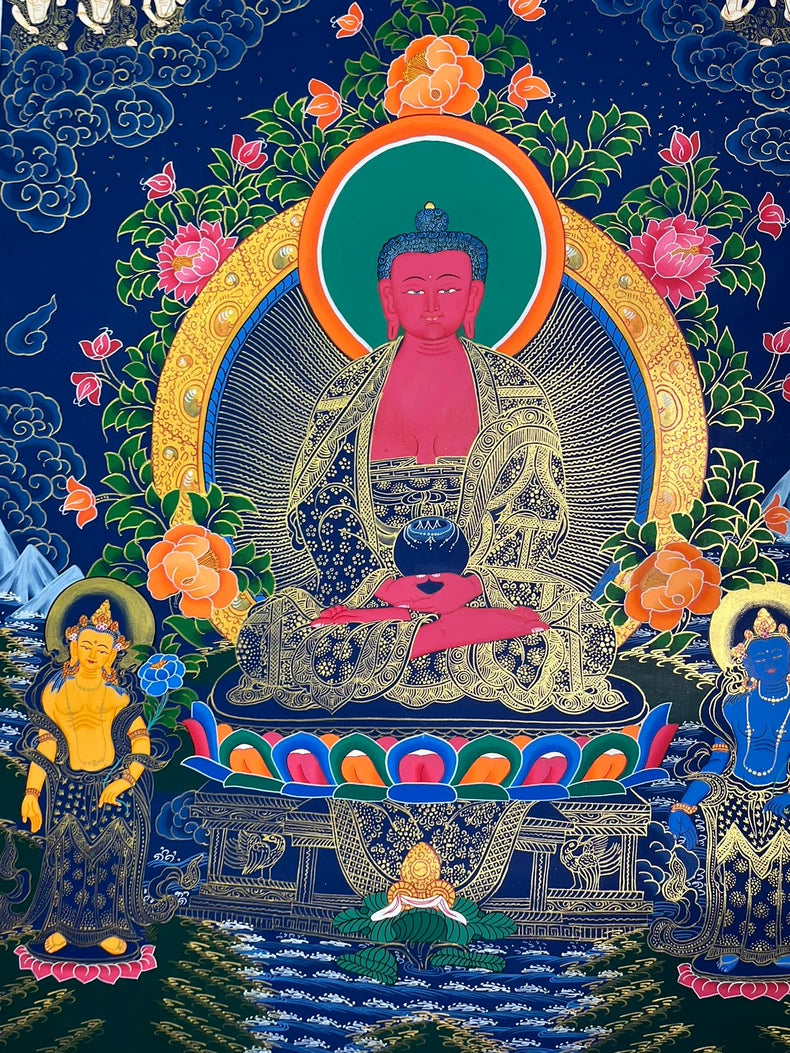Central Buddha, flowers and both attendants — Large Amitabha Buddha thangka