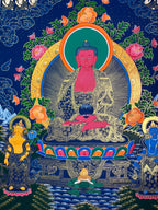 Central Buddha, flowers and both attendants — Large Amitabha Buddha thangka