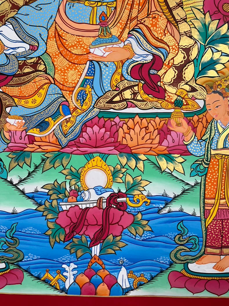 Lower robes, lotus throne and blue water — Colorful Padmasambhava thangka
