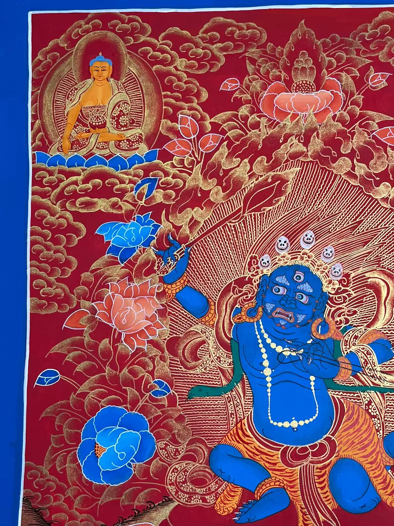 Upper-left seated figure and flame halo — Red-ground Acala thangka
