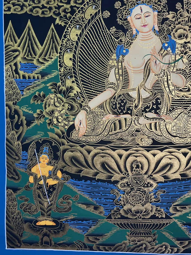 Lower-left landscape and small figure — Black-and-gold White Tara thangka