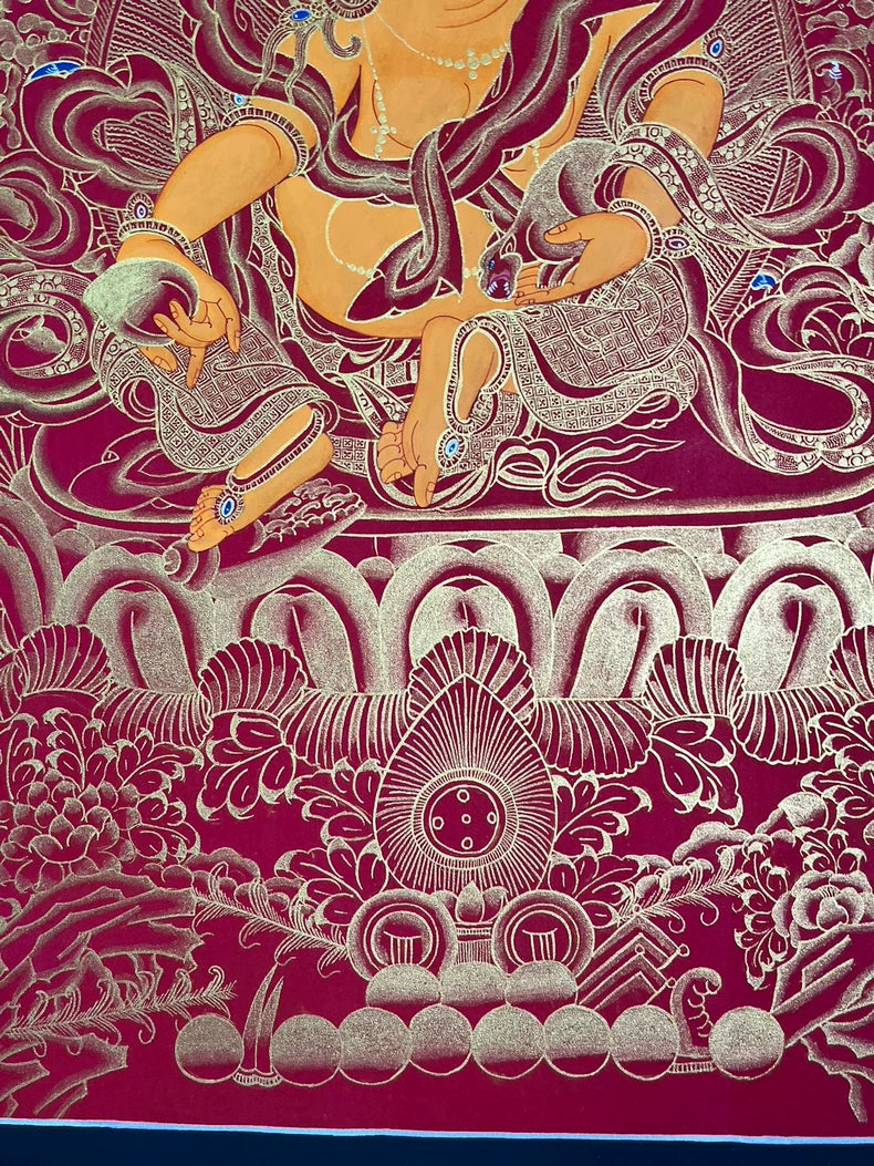Hand-Painted Yellow Jambhala Thangka — Mineral Pigments & Gold