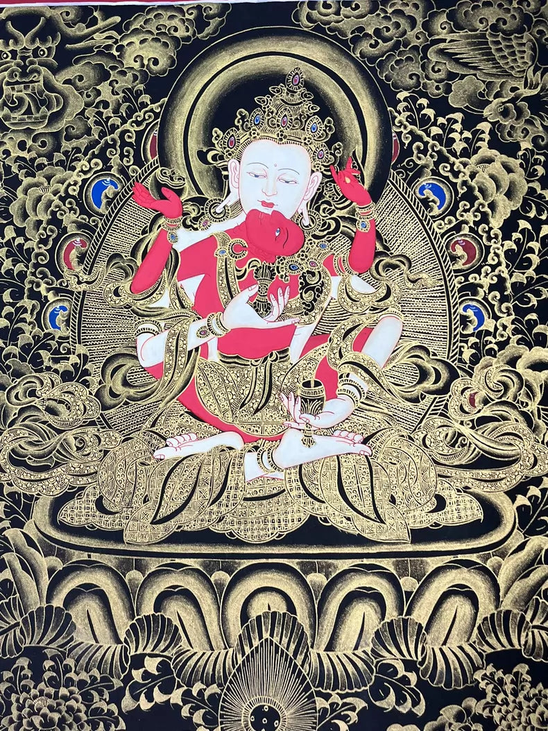 Paired figures with crown and circular halo — Black-and-gold Vajrasattva thangka