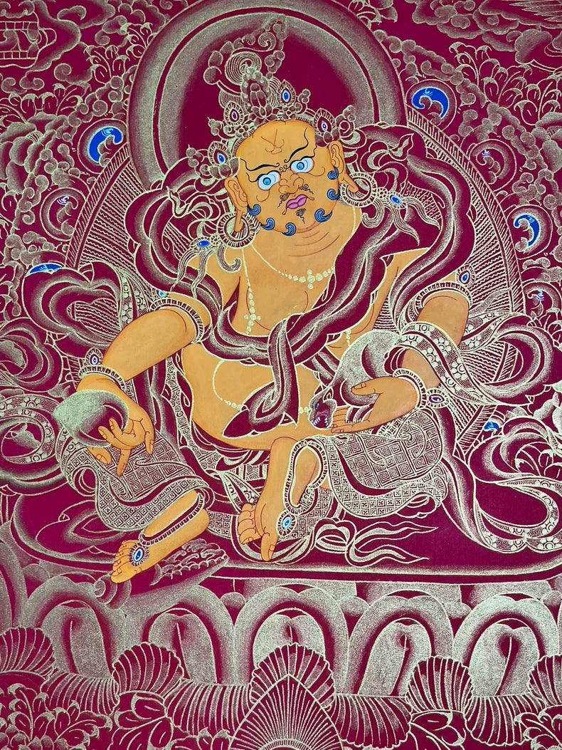 Hand-Painted Yellow Jambhala Thangka — Mineral Pigments & Gold