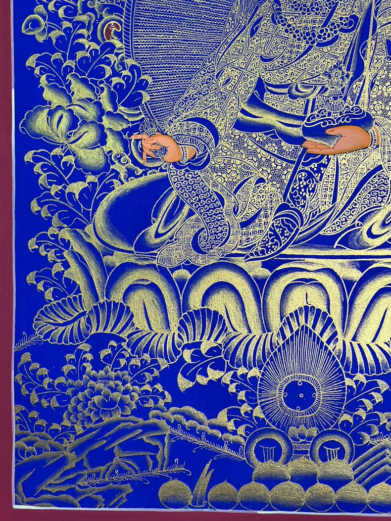 Hand-Painted Guru Rinpoche Thangka — Lapis Blue & Gold