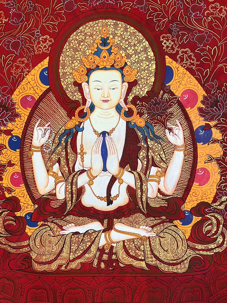 Crown, face and joined hands — Red floral Four-Armed Avalokiteshvara thangka